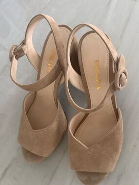 Prada Beige Suede V Platform Sandal Sz 7.5